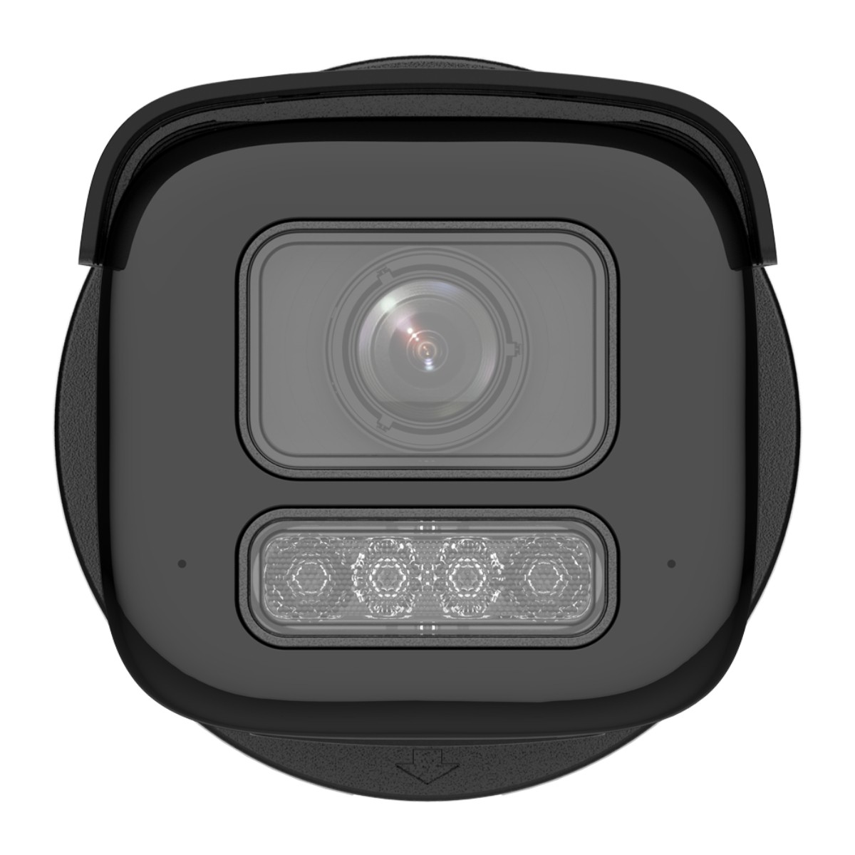 Telecamera di sicurezza nera con obiettivo e quattro LED.