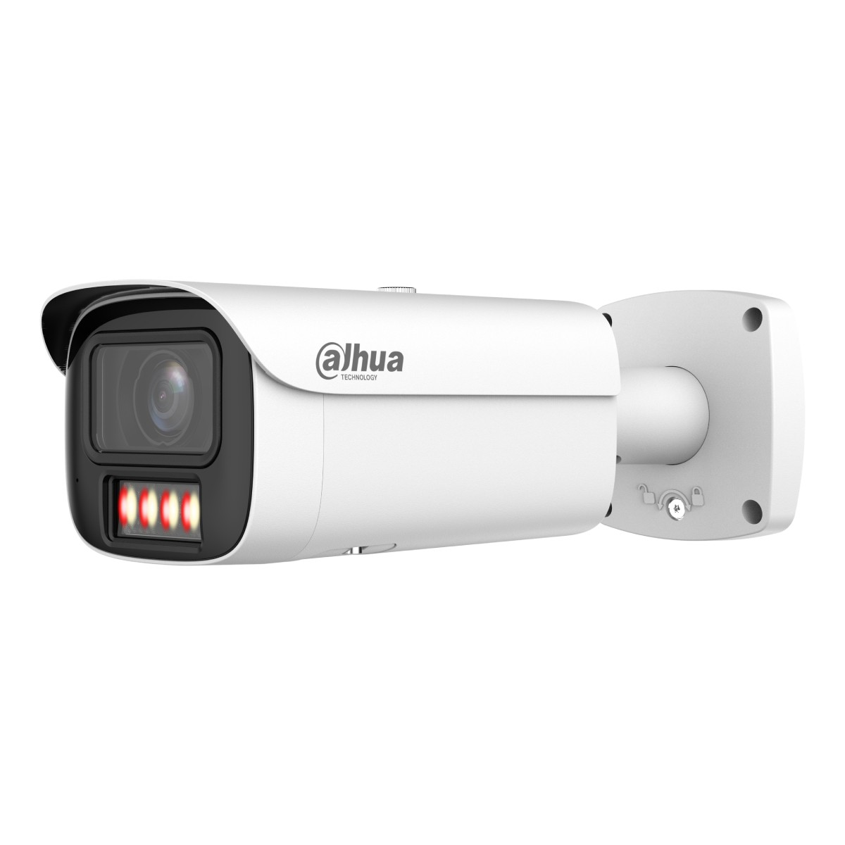 Una telecamera di sorveglianza Dahua bianca con obiettivo nero e quattro LED IR rossi.