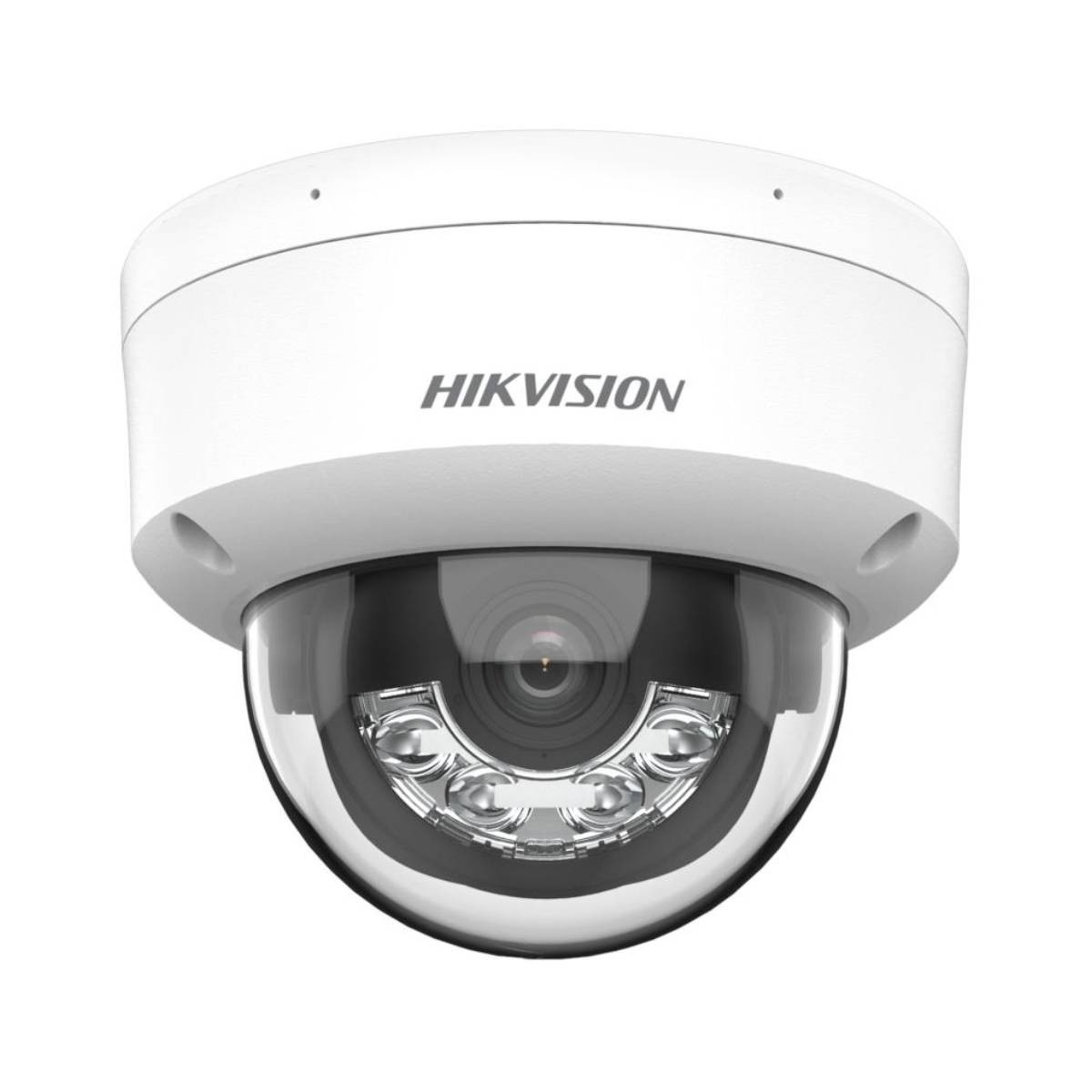 Telecamera dome Hikvision bianca con cupola trasparente e LED IR.
