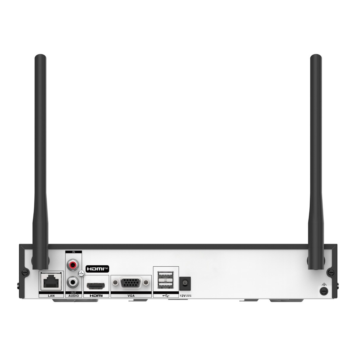 Retro del dispositivo con antenne, LAN, Audio, HDMI, VGA, USB e porta di alimentazione.