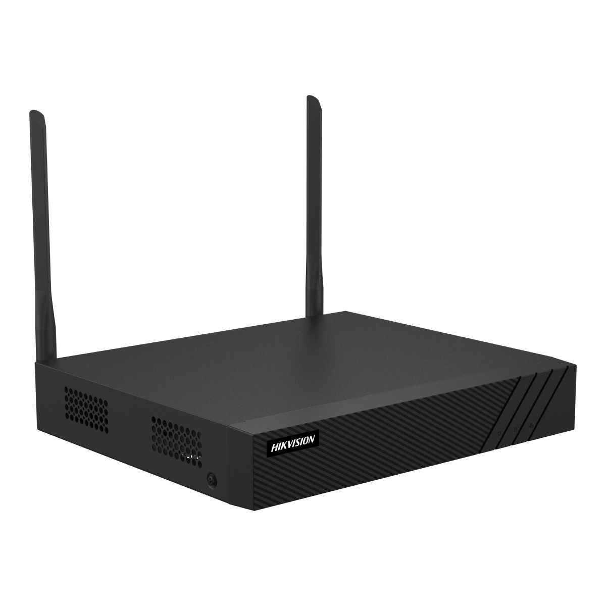 Un elegante dispositivo nero Hikvision con due antenne e griglie di ventilazione.