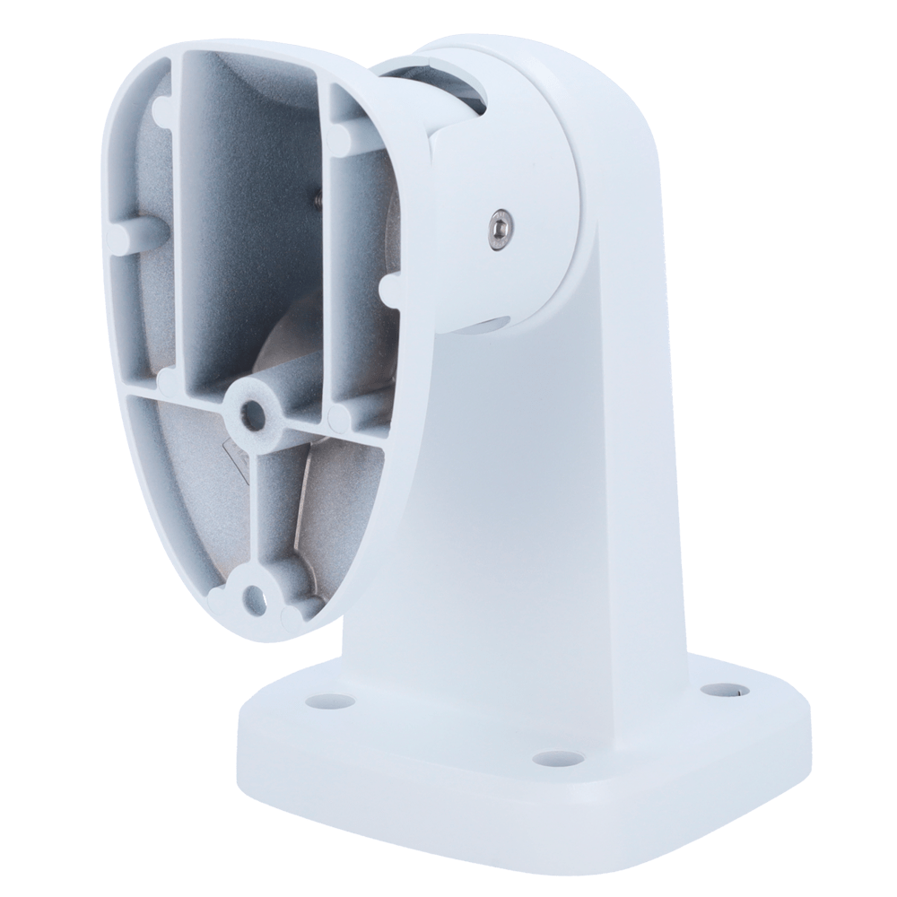 Un supporto per telecamera bianco con giunto regolabile e base quadrata.