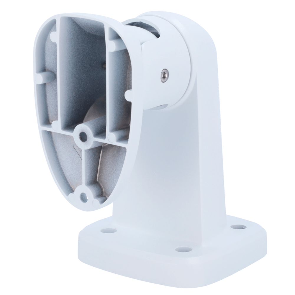 Un supporto per telecamera in metallo bianco con braccio snodato e base di montaggio.