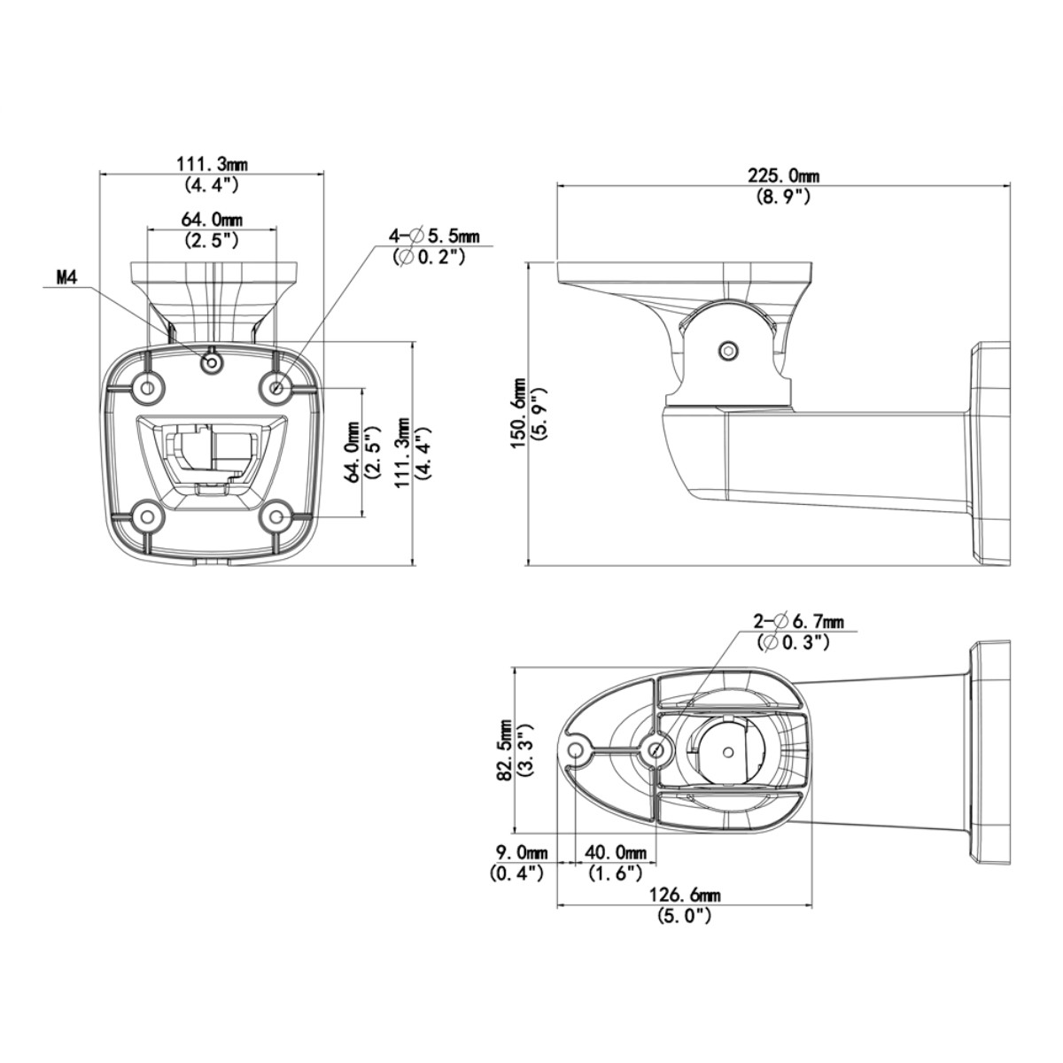 Disegno tecnico di una staffa con dimensioni in mm e pollici.