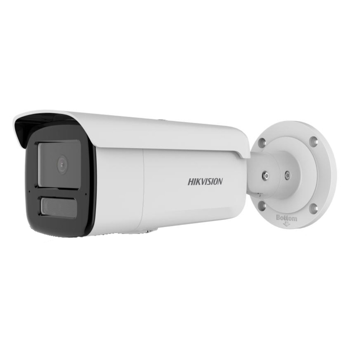 Una telecamera Hikvision bianca con obiettivo e supporto neri.