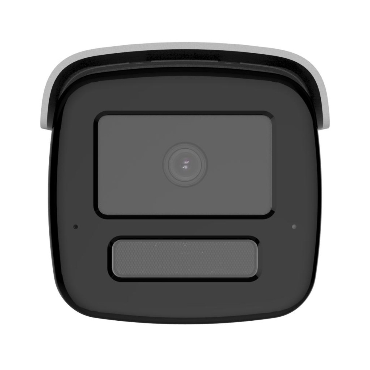 Primo piano di una telecamera di sicurezza nera con obiettivo grigio e griglia di ventilazione.