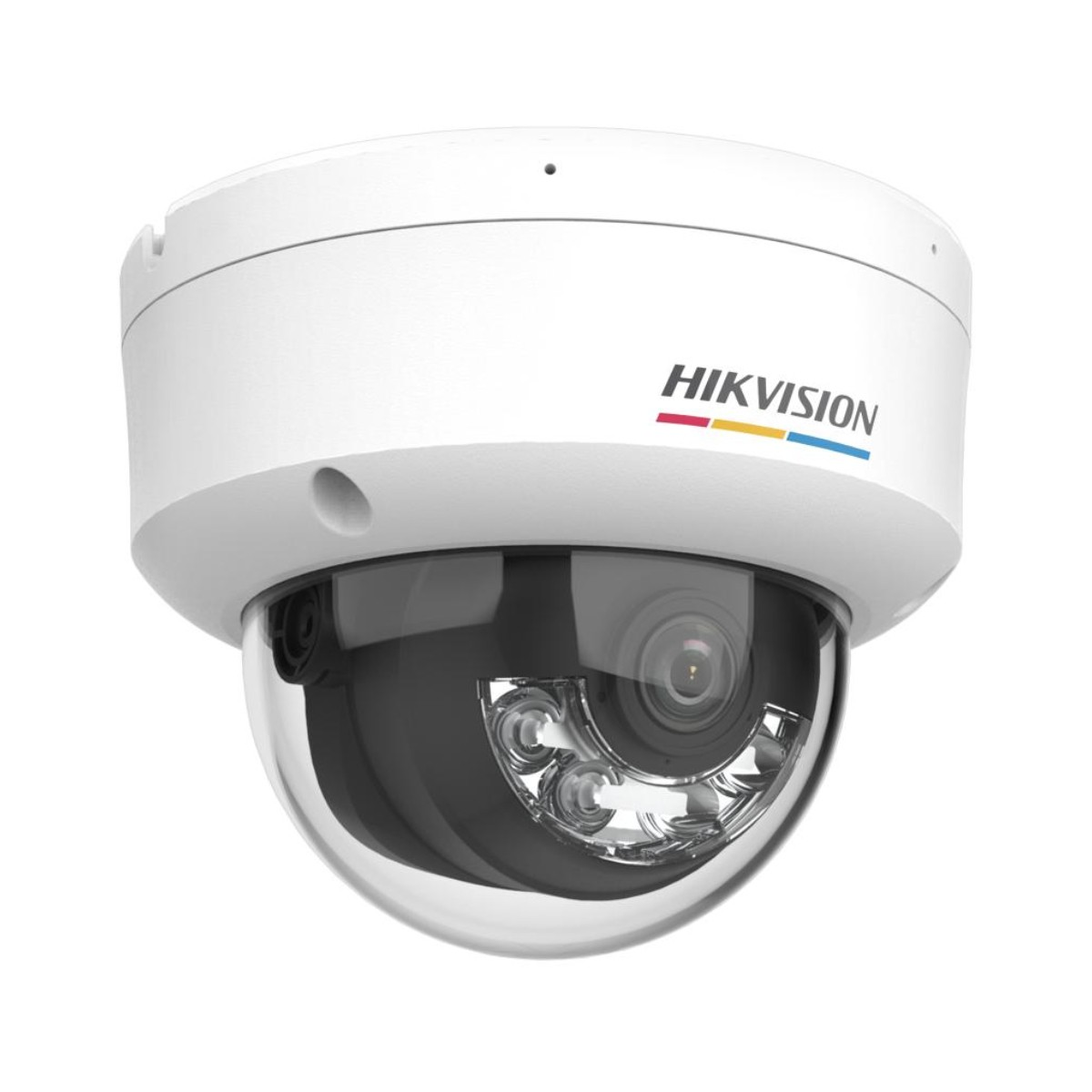 Telecamera dome Hikvision bianca con cupola trasparente e LED IR.