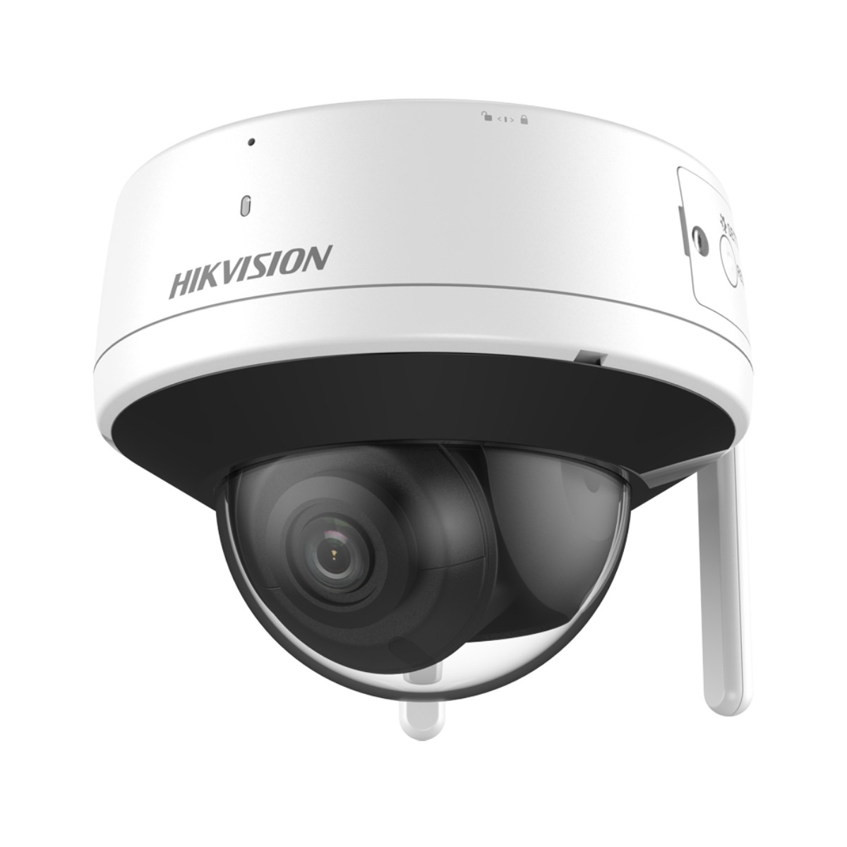 Telecamera dome Hikvision bianca con cupola trasparente e interno nero, montata su staffa bianca.