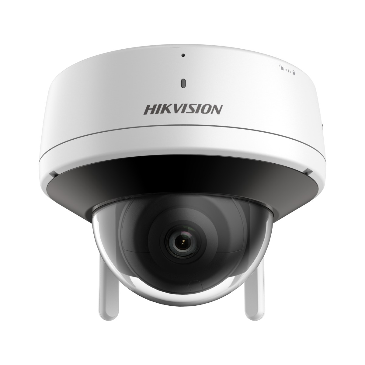 Una telecamera di sicurezza bianca Hikvision a cupola con obiettivo nero.