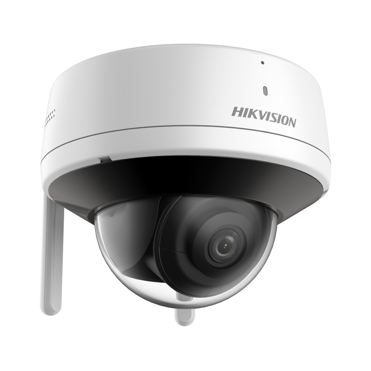 Telecamera di sicurezza Hikvision bianca con lente a cupola e antenna.