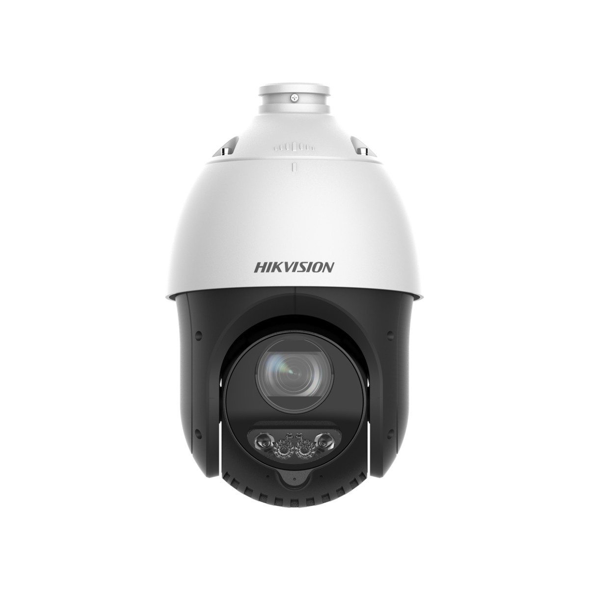 Telecamera di sicurezza PTZ Hikvision bianca e nera con obiettivo e luci.