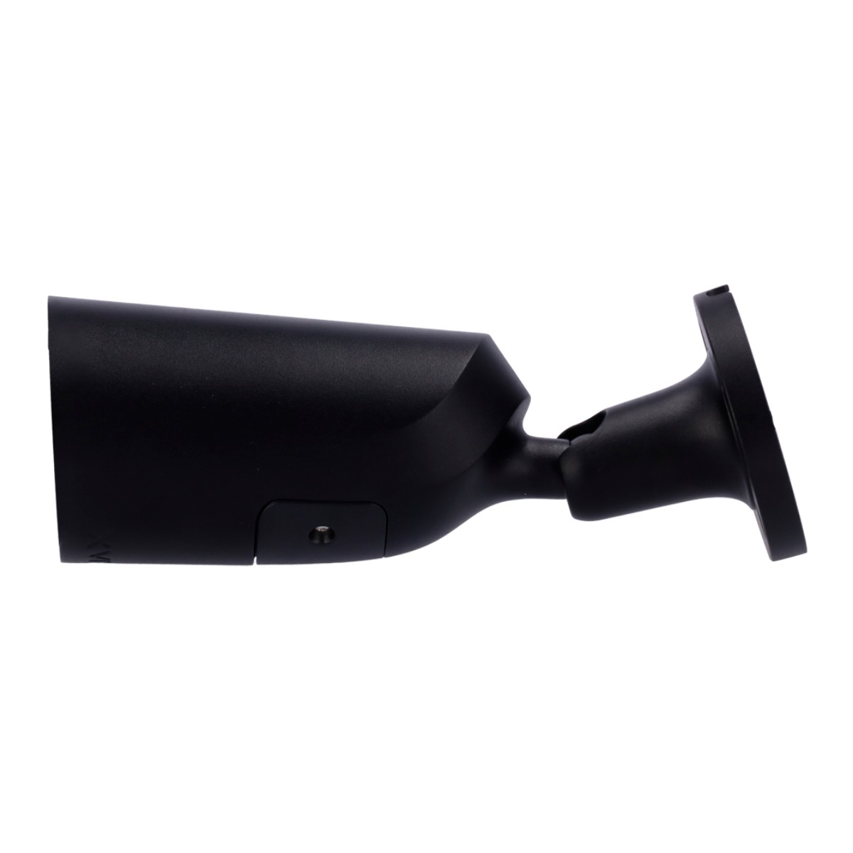 Telecamera di sorveglianza nera con braccio regolabile e flangia di montaggio.