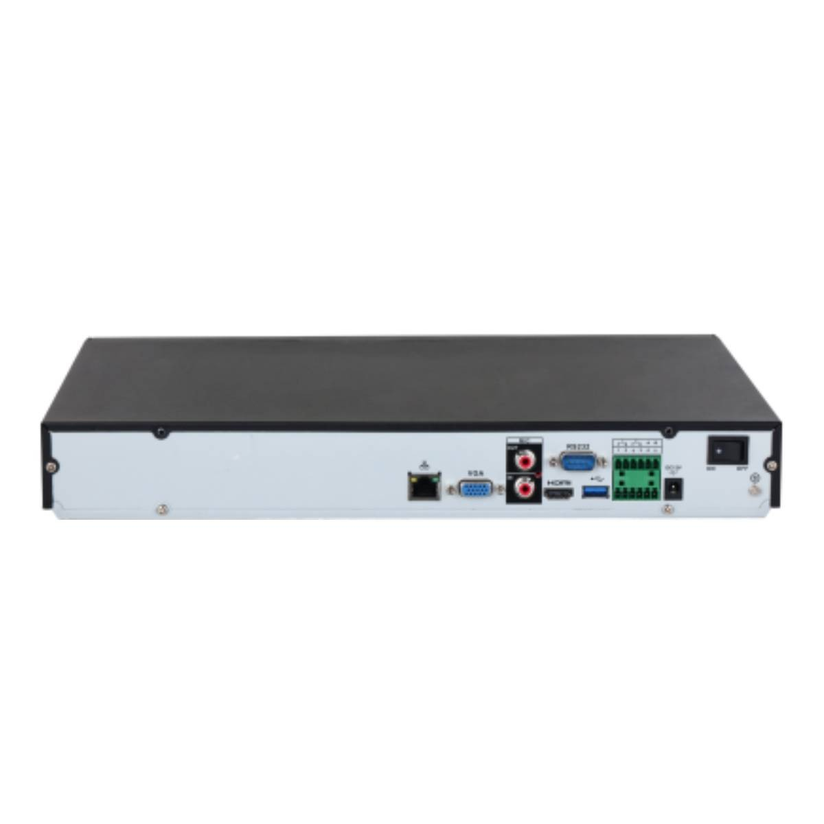 Pannello posteriore di un DVR nero e argento con varie porte: Ethernet, VGA, HDMI, audio e alimentazione.