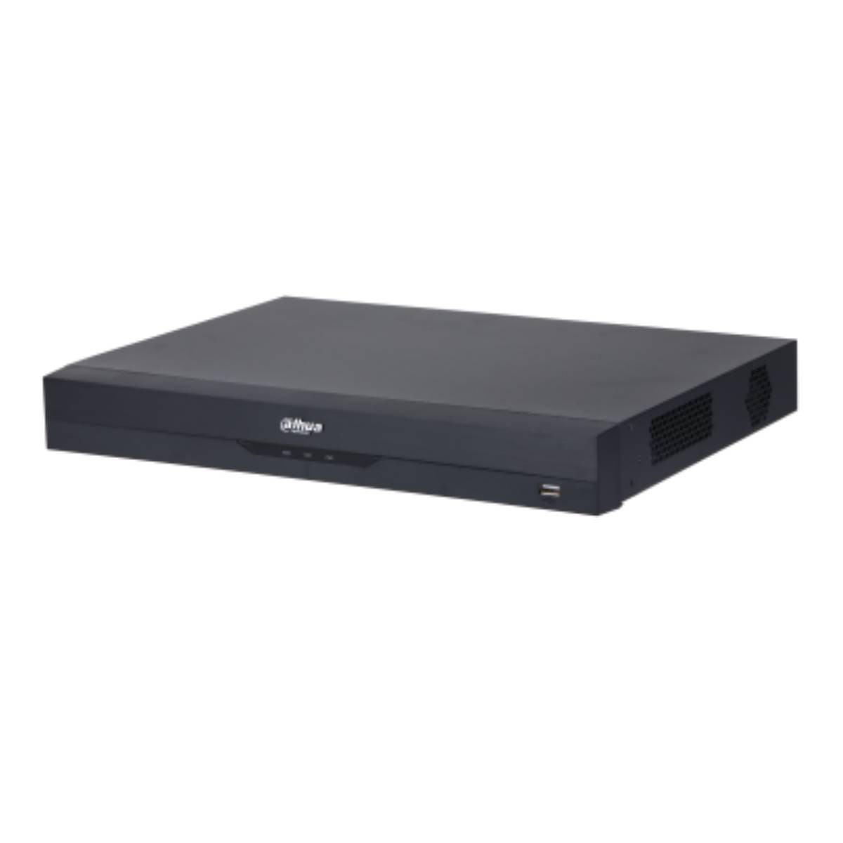 Registratore DVR nero con prese d'aria laterali e logo frontale.