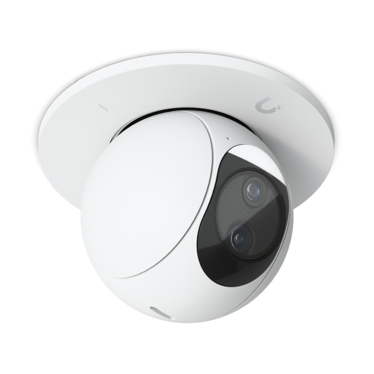 Una telecamera da soffitto bianca con due lenti e una striscia nera.