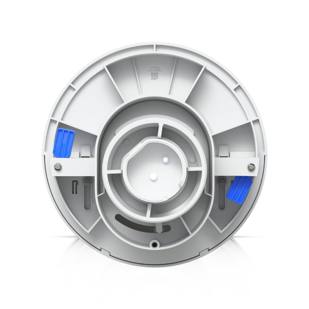 Supporto rotondo bianco con clip blu e codice QR.