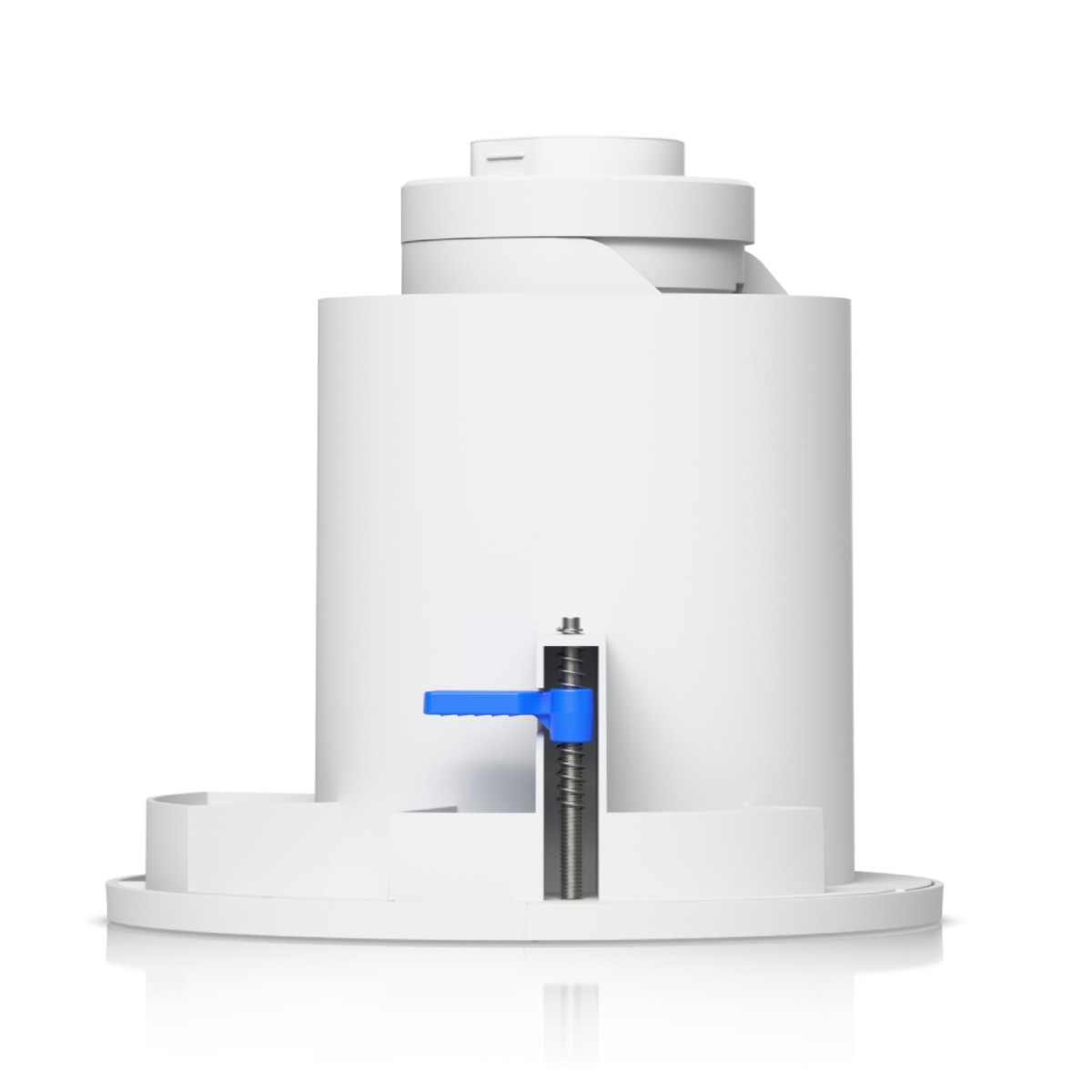 Componente cilindrico bianco con leva blu e mandrino filettato.