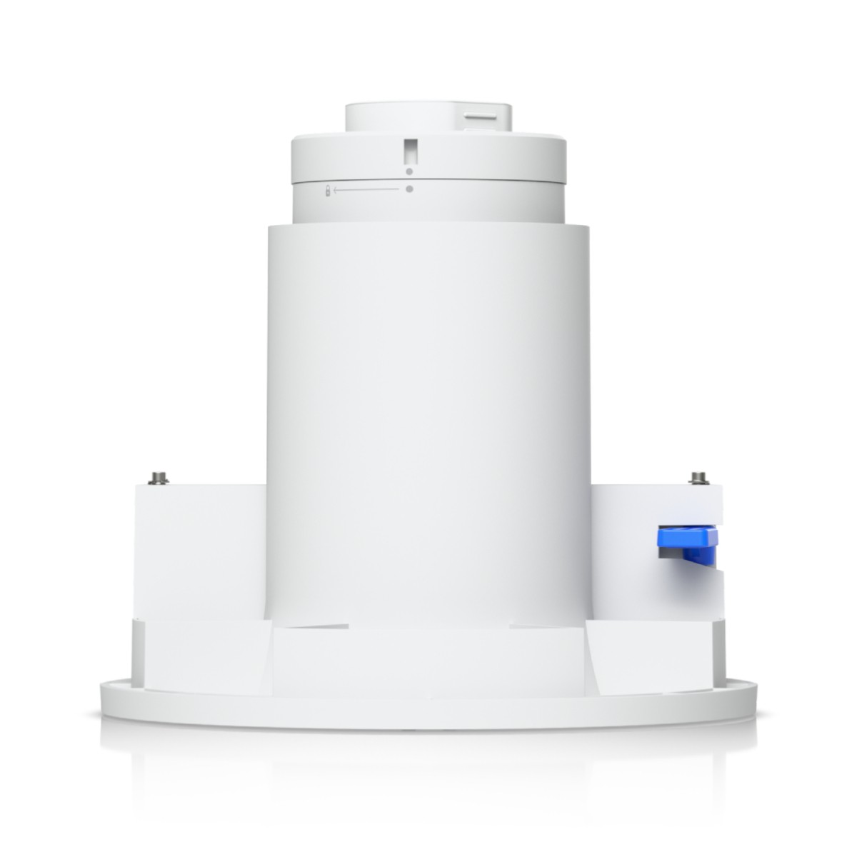Un dispositivo cilindrico bianco con un pulsante blu sul lato, su sfondo bianco.