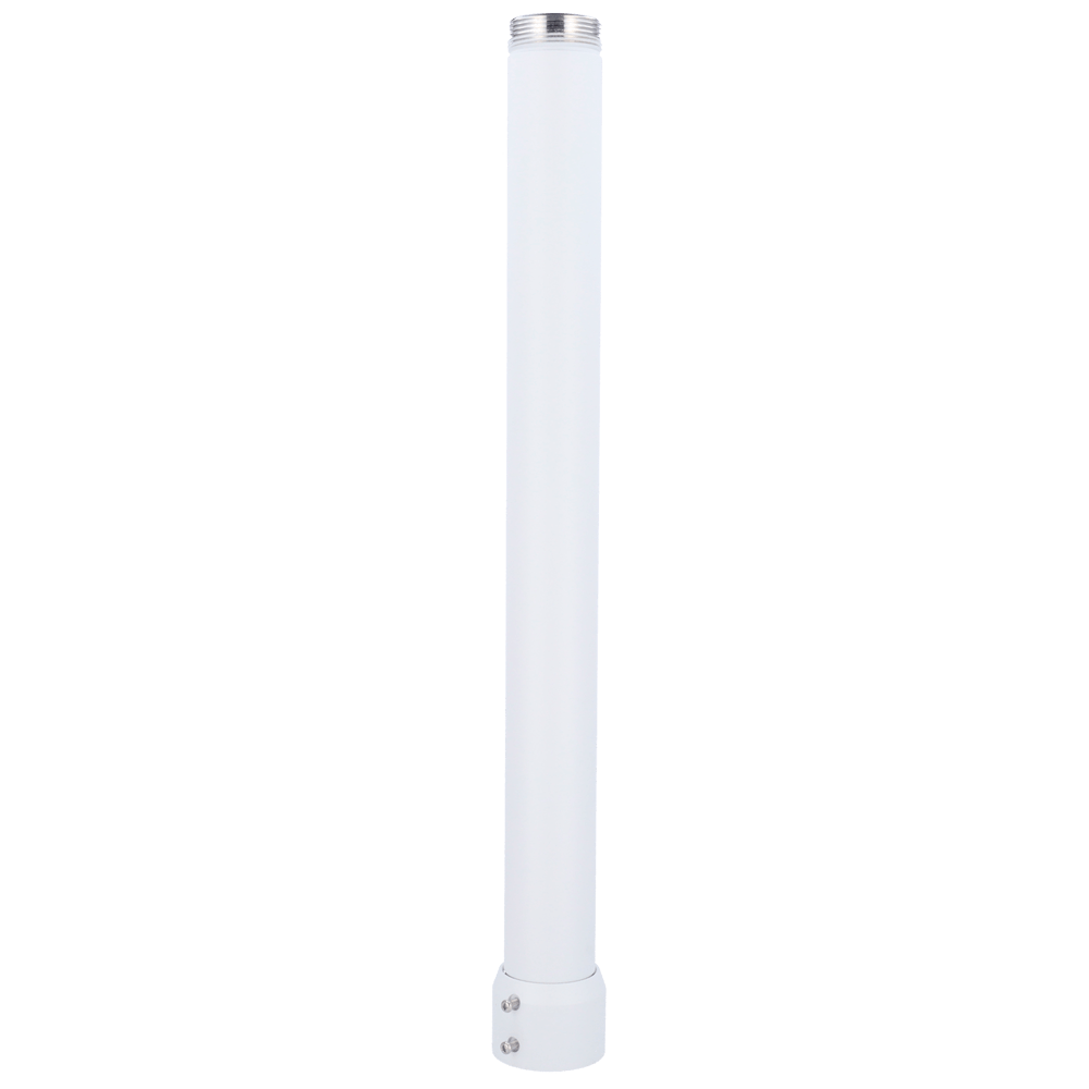 Un'antenna cilindrica bianca con parte superiore filettata argento e base argento.