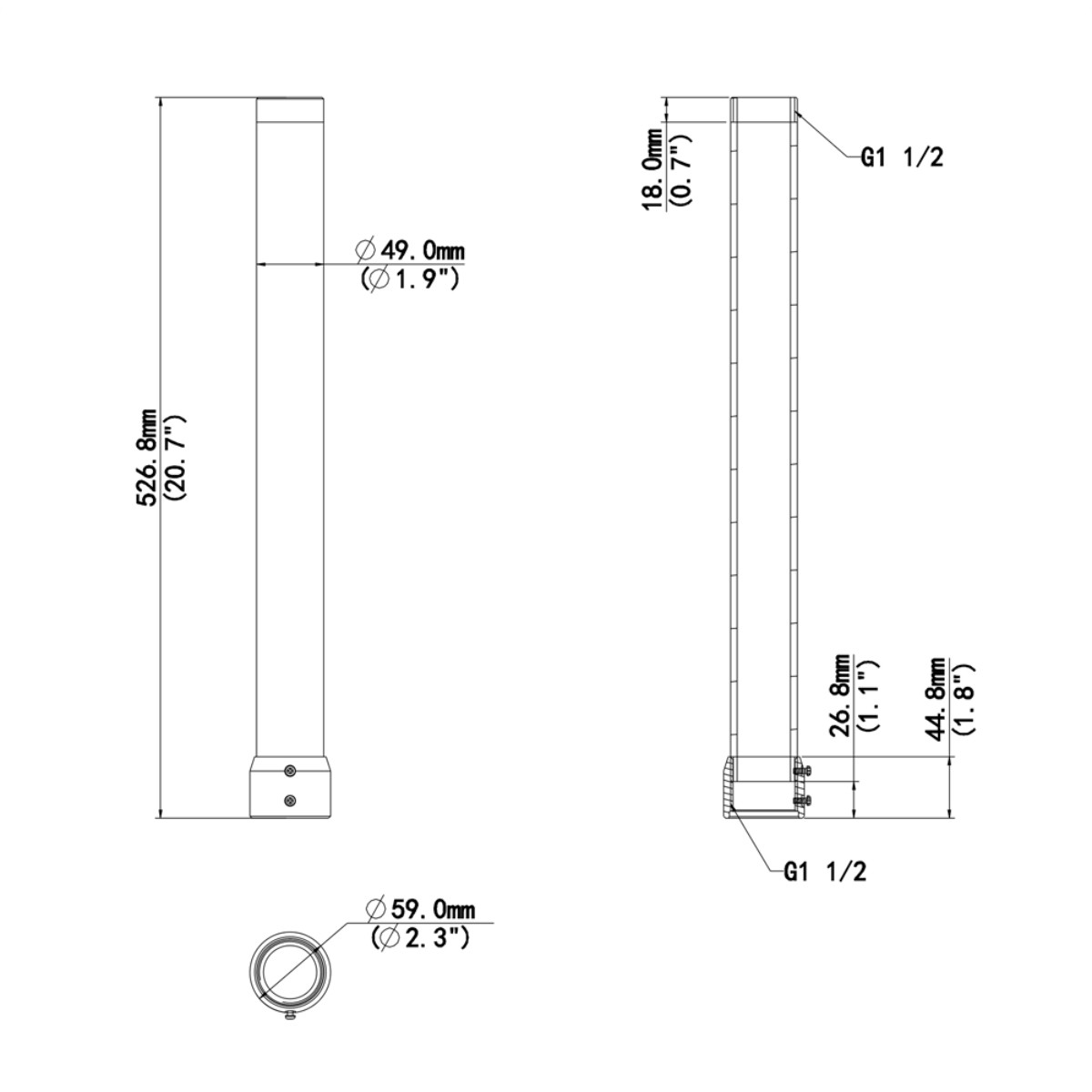 Disegno tecnico di un tubo con dimensioni e filettatura G1 1/2.