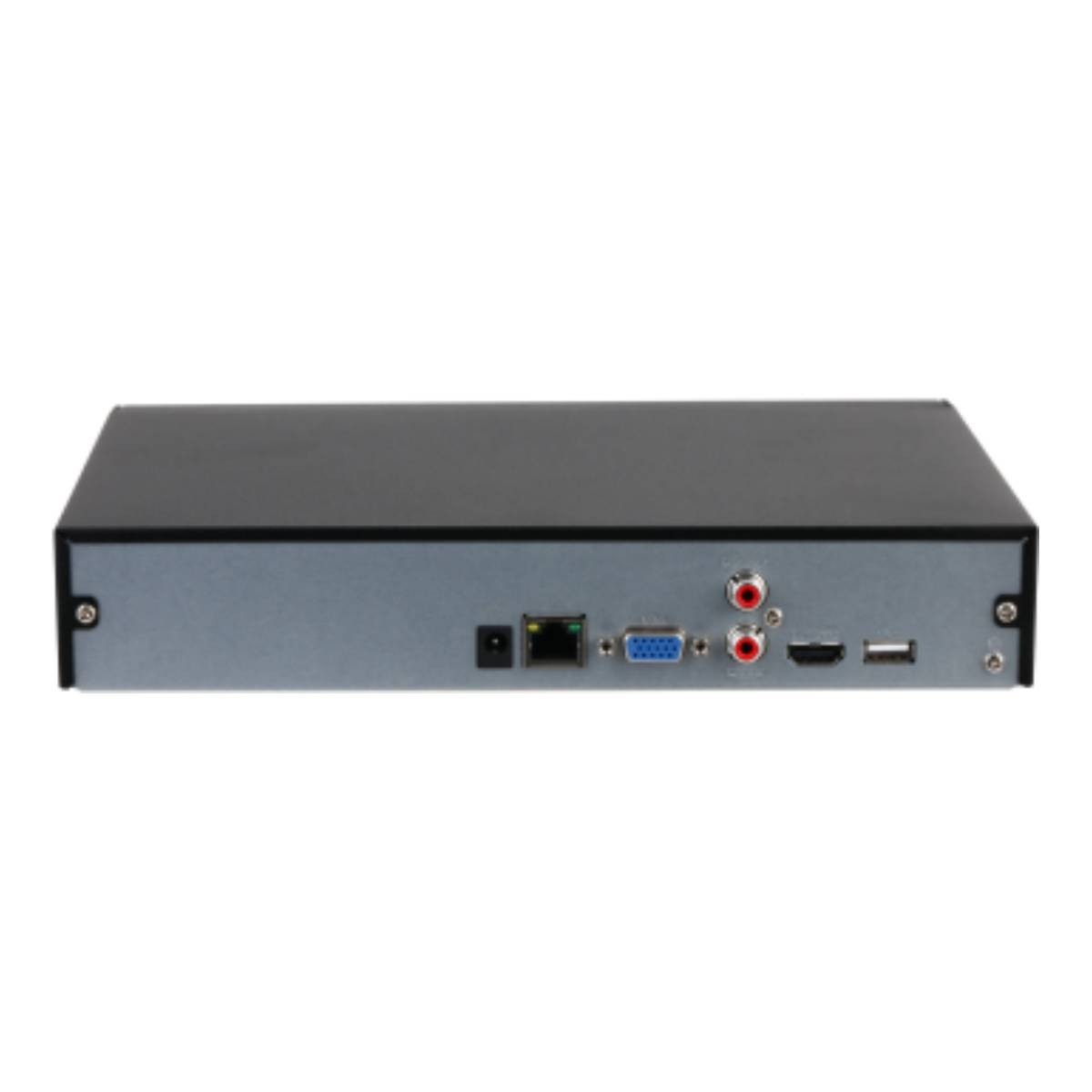 Güç, LAN, VGA, ses ve HDMI bağlantı noktalarını gösteren siyah bir cihazın arkası.