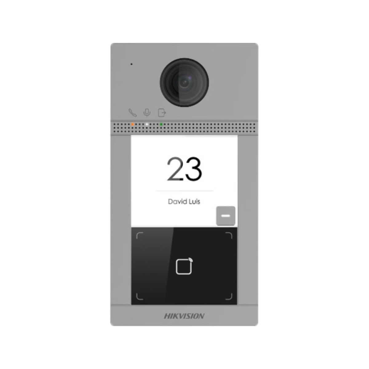 Citofono Hikvision grigio con telecamera, display mostra n. 23, David Luis.