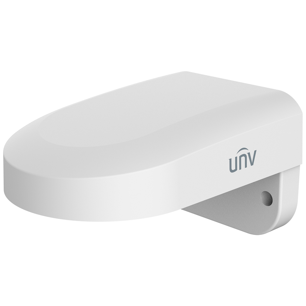 Un dispositivo UNV bianco montato a parete, con custodia arrotondata.