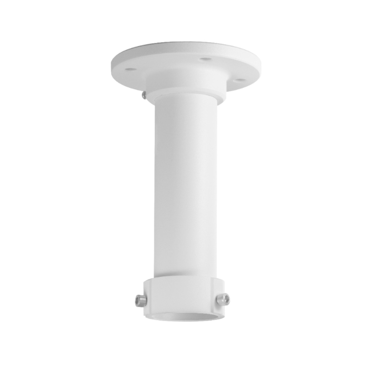 Supporto a soffitto bianco con tubo cilindrico e viti di fissaggio.