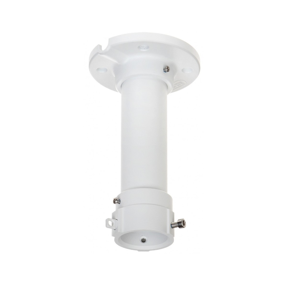 Supporto a soffitto bianco con palo cilindrico e viti di fissaggio.