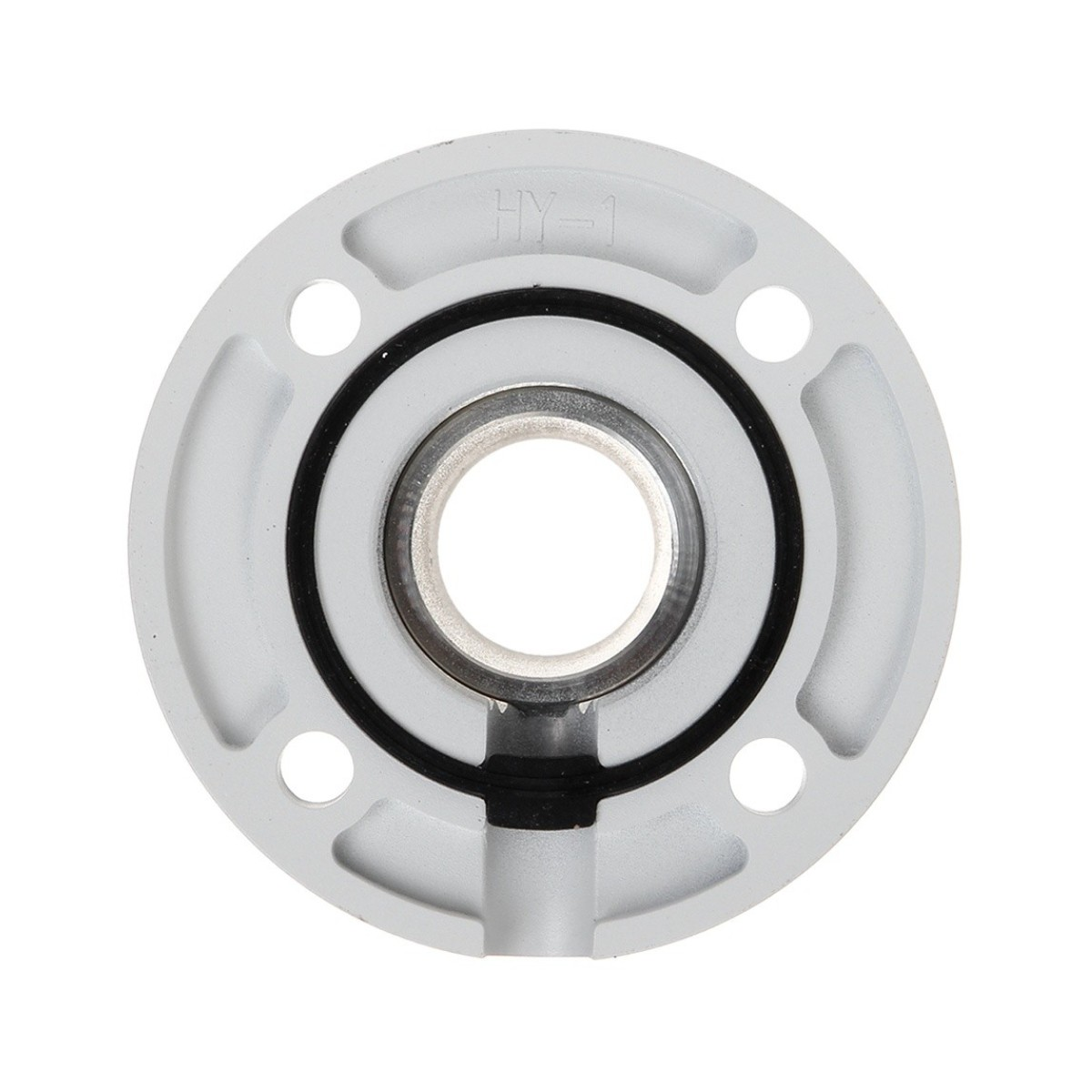 Un anello grigio con sei fori e una guarnizione nera.