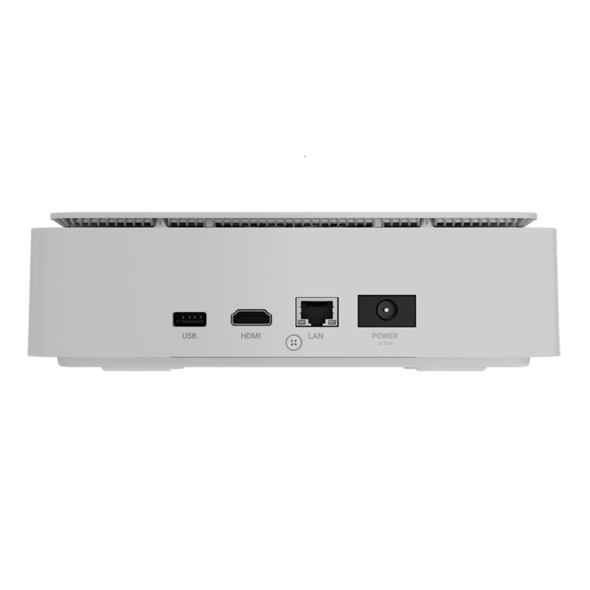 Retro bianco di un dispositivo con porte USB, HDMI, LAN e di alimentazione.