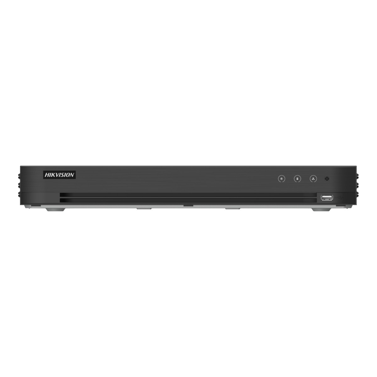Un DVR Hikvision nero e sottile con porta USB e pulsanti di controllo.