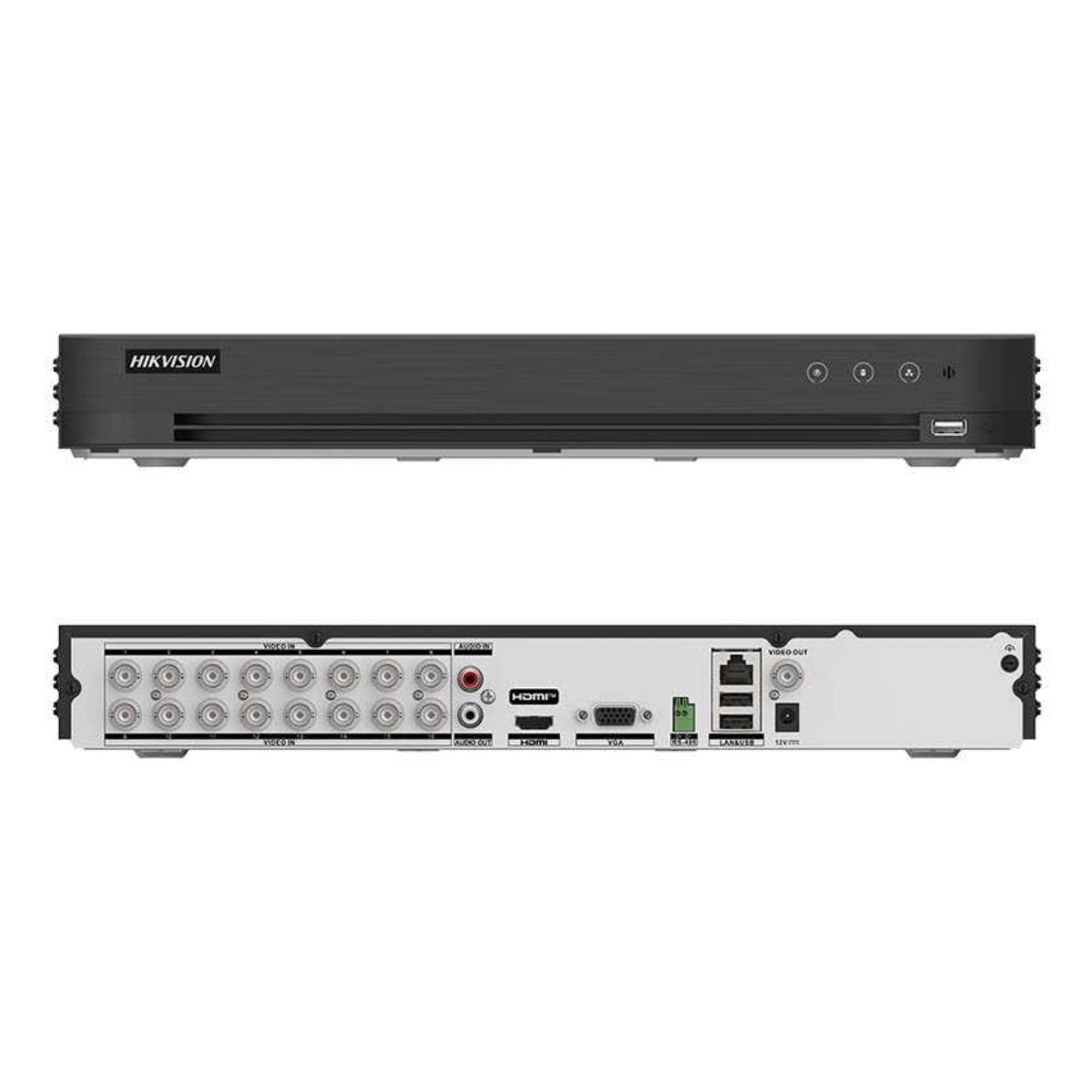 Vista anteriore e posteriore di un DVR Hikvision nero con più porte di ingresso/uscita.