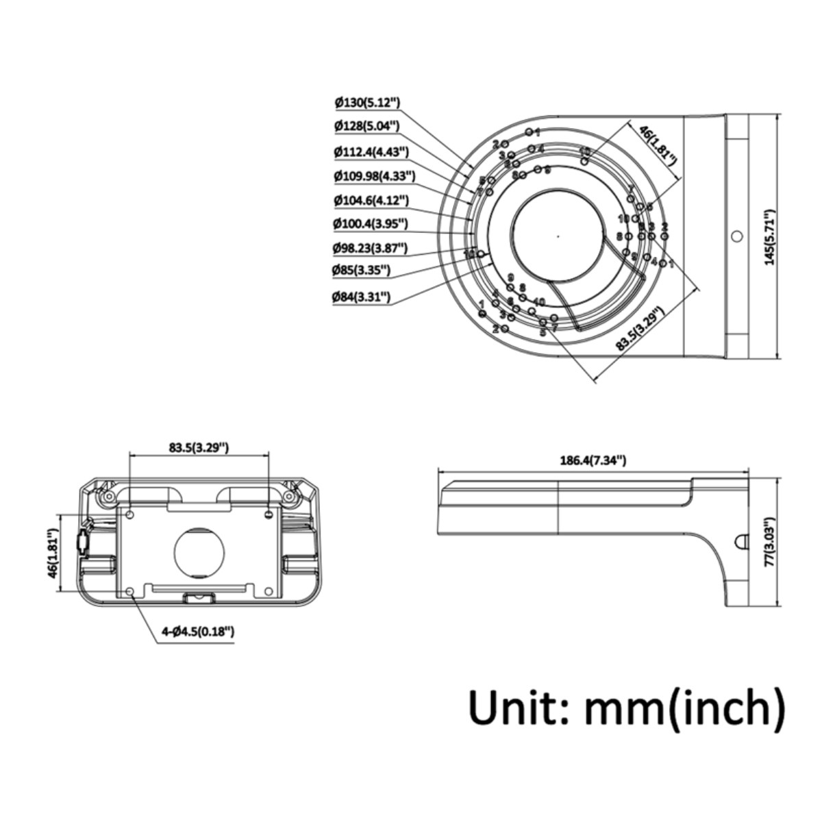 Disegno tecnico con dimensioni di un dispositivo circolare. Mostra viste dall'alto, laterale e frontale.