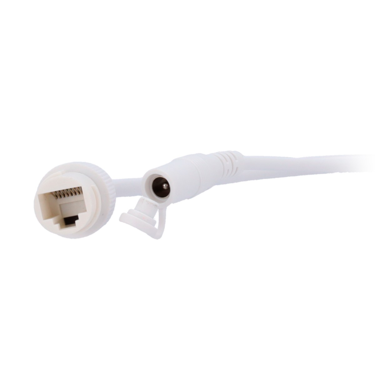 Un cavo Ethernet bianco con connettore circolare e jack di alimentazione con cappuccio protettivo, su sfondo bianco.