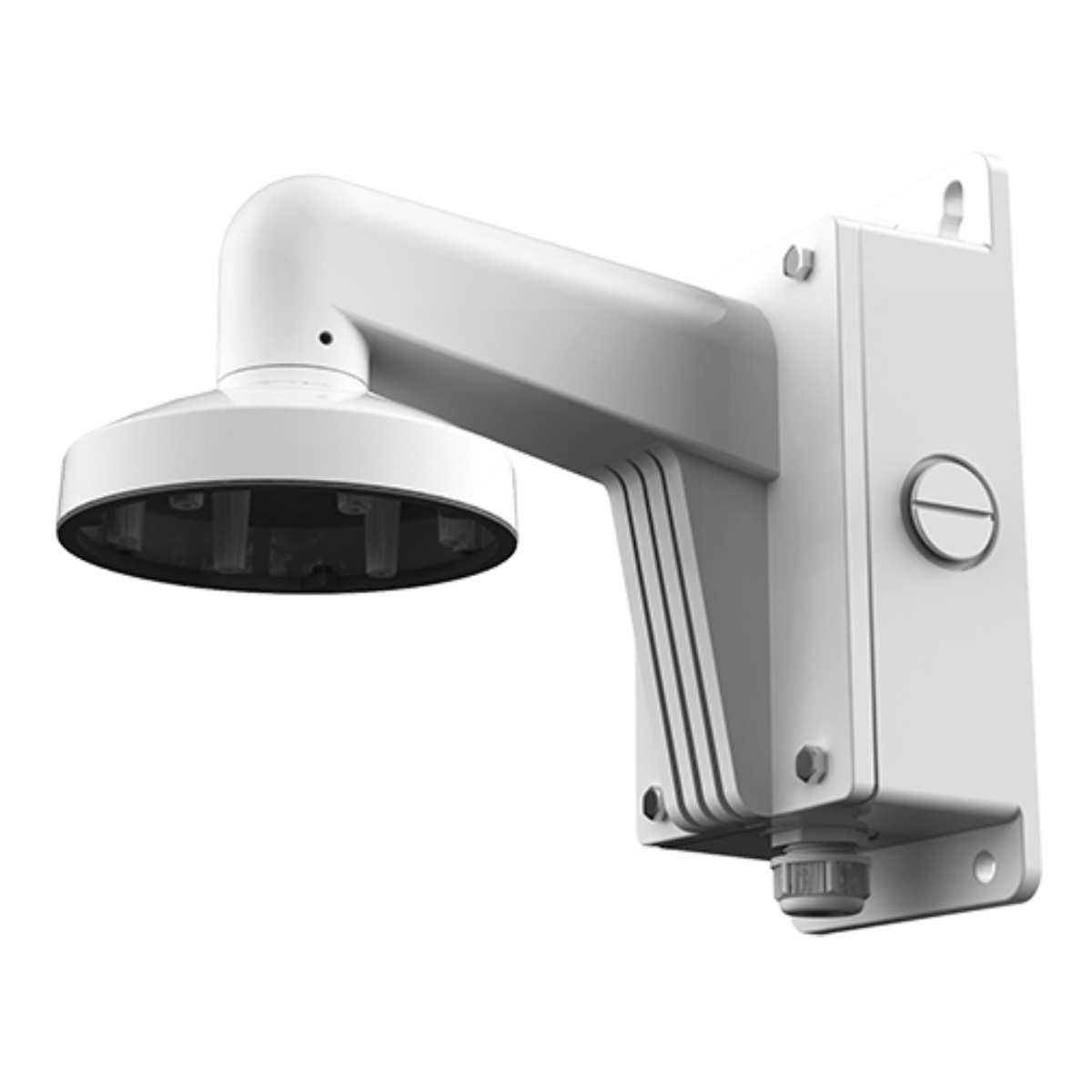 Supporto a muro bianco per telecamera di sicurezza con braccio curvo e base circolare.