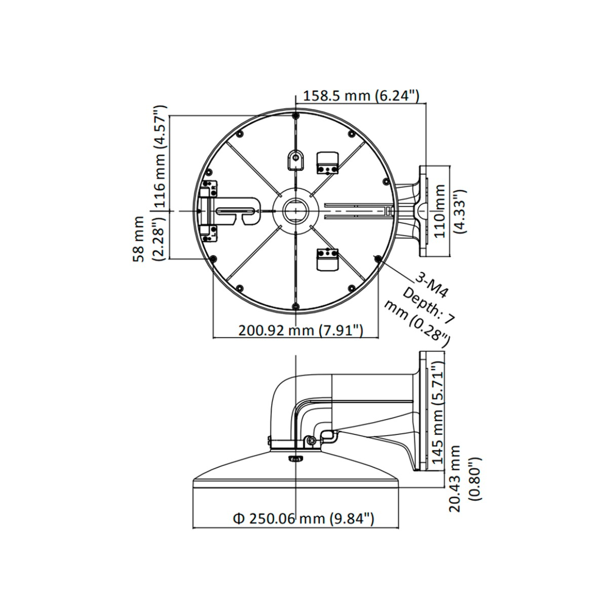 Disegno tecnico di una base rotonda con dimensioni e un braccio angolato.