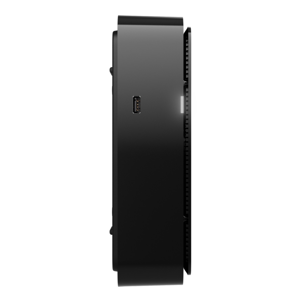 Dispositivo rettangolare nero visto di lato con una porta USB visibile.