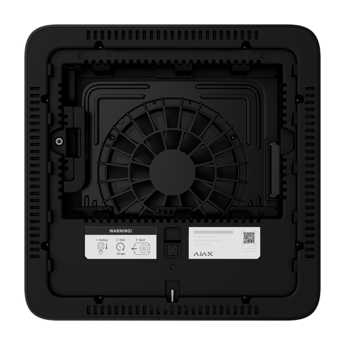 Retro di un dispositivo nero con ventola, etichette di avvertenza e codice QR.