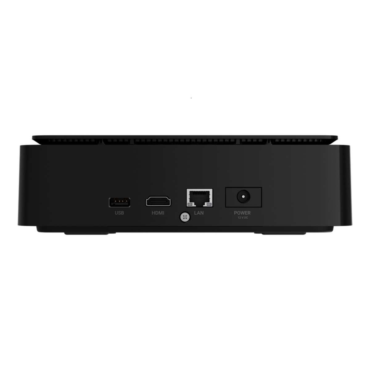 Scocca nera con porte USB, HDMI, LAN e di alimentazione sul retro.