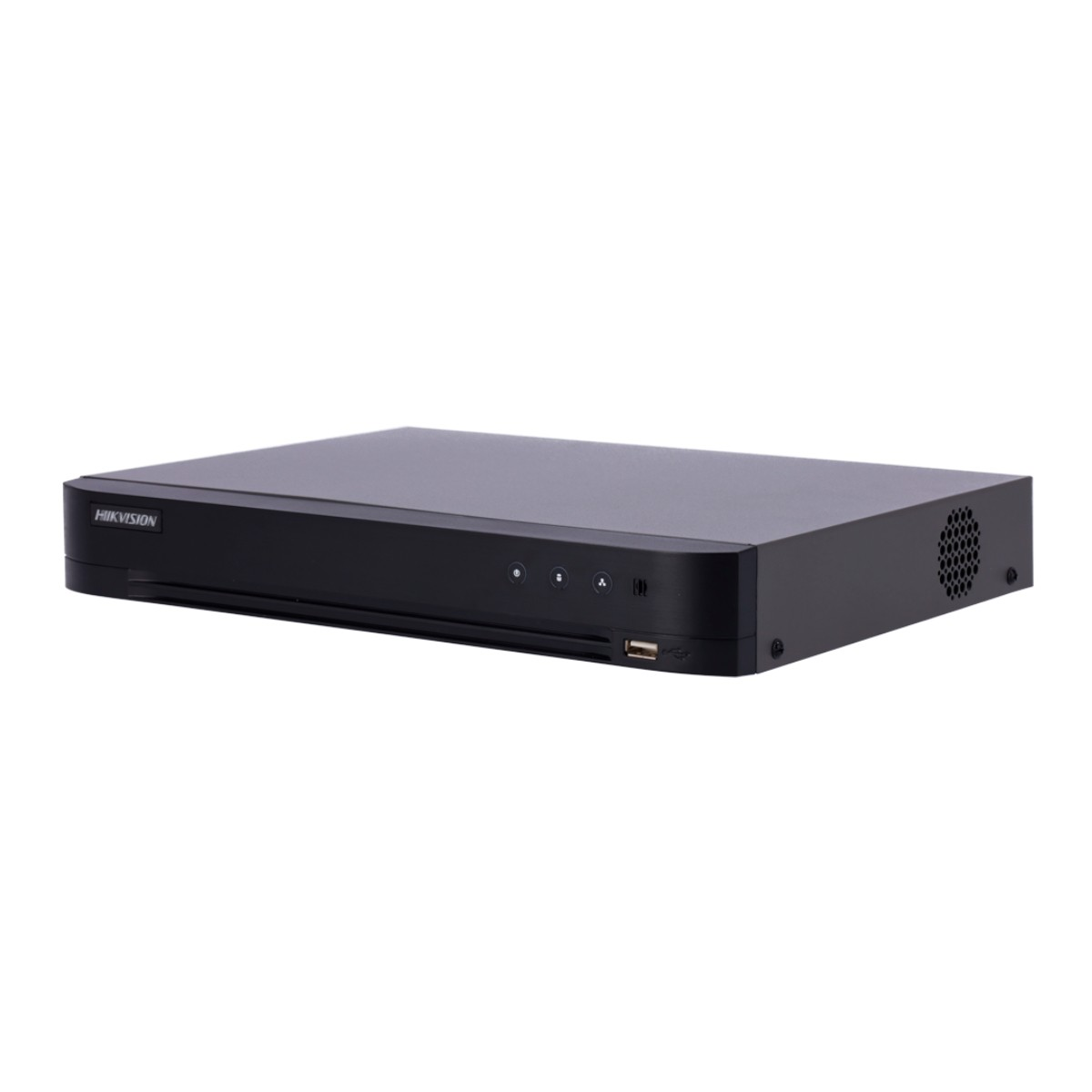 DVR Hikvision nero con USB frontale e spie luminose su sfondo bianco.