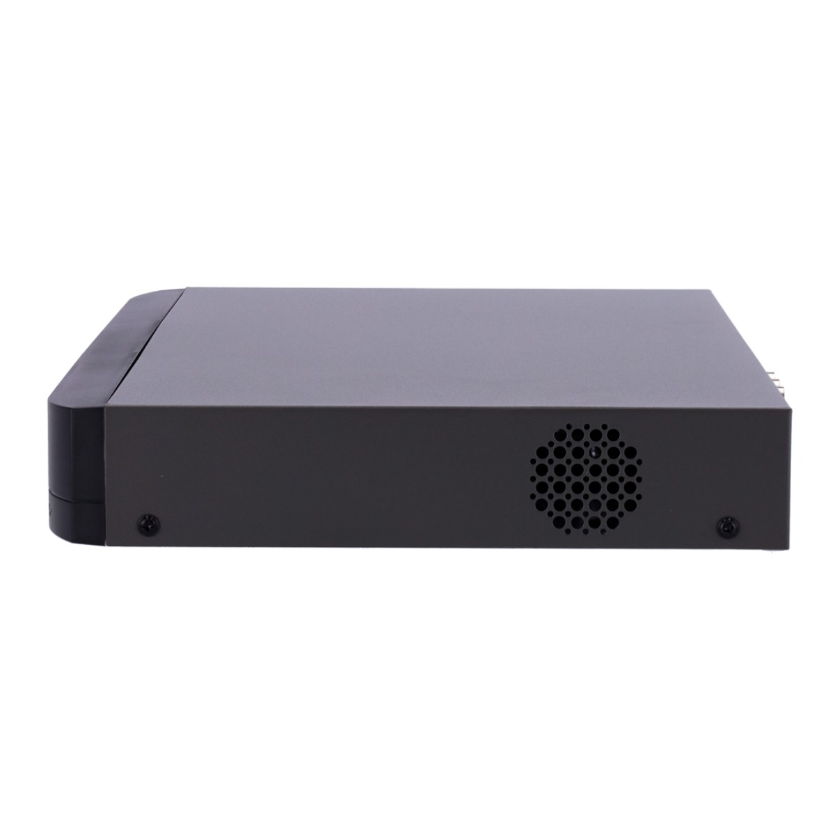 Switch di rete grigio con griglia di ventilazione e viti.