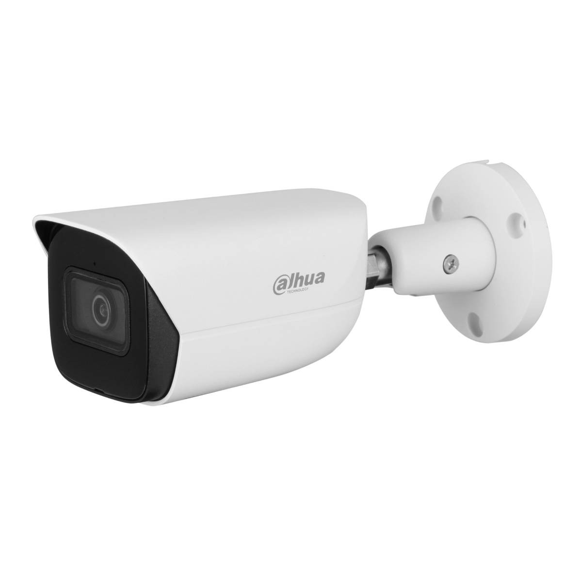 Telecamera di sicurezza Dahua bianca con lente nera, montata su staffa bianca.