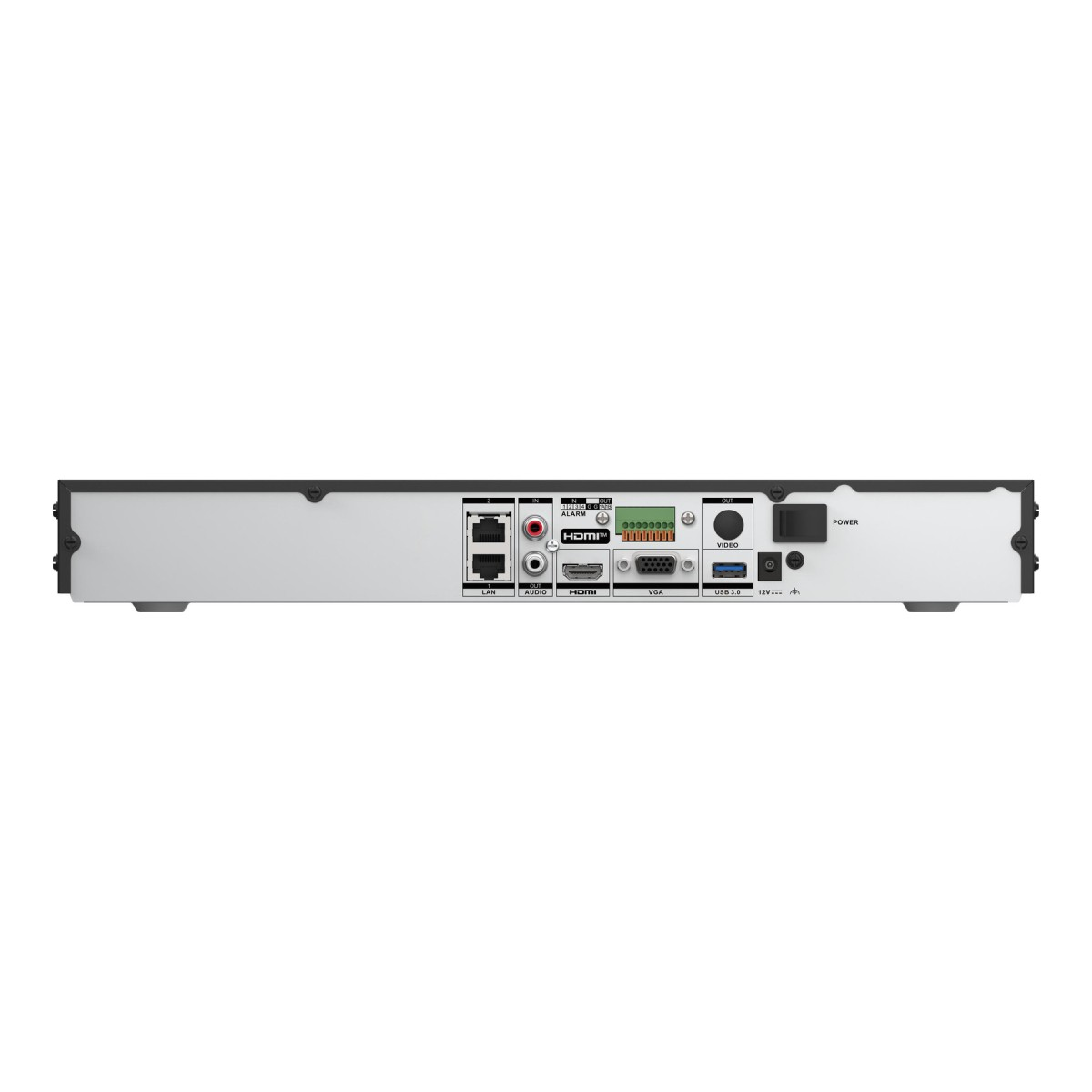 Pannello posteriore di un videoregistratore di rete con porte LAN, Audio, HDMI, VGA, USB e alimentazione.