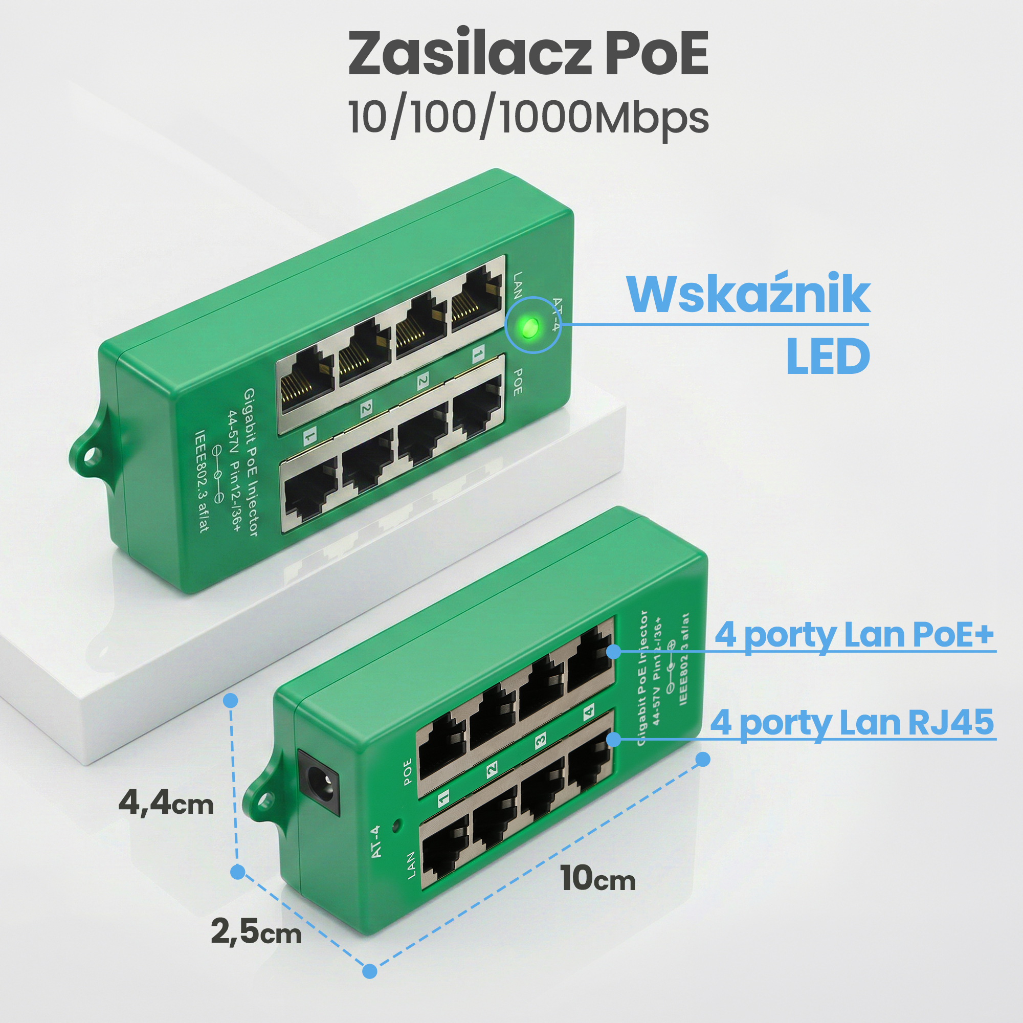 Iniettore PoE verde 8 porte, 4 LAN e 4 PoE+. Dimensioni: 10x4,4x2,5cm. Indicatore LED.