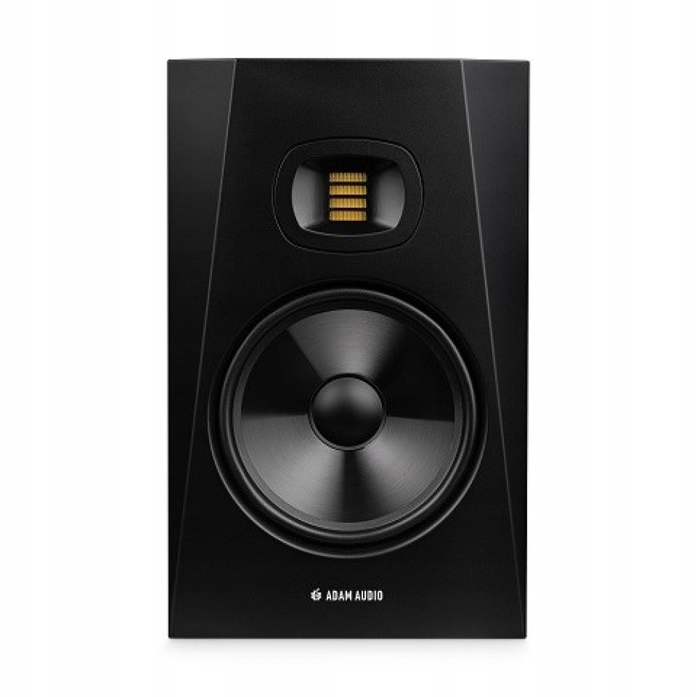 Altoparlante nero con woofer argentato e tweeter giallo. Logo Adam Audio.