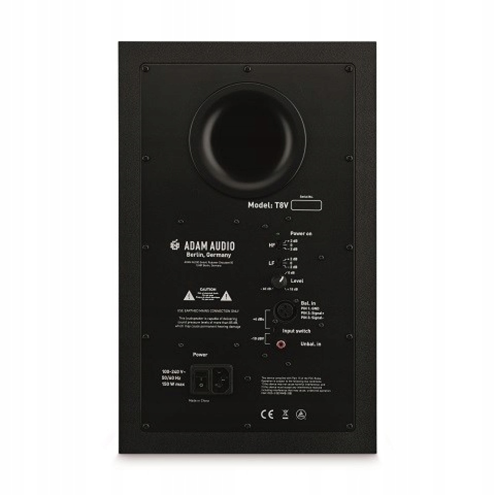 Retro di un monitor Adam Audio T8V nero con porte e controlli.