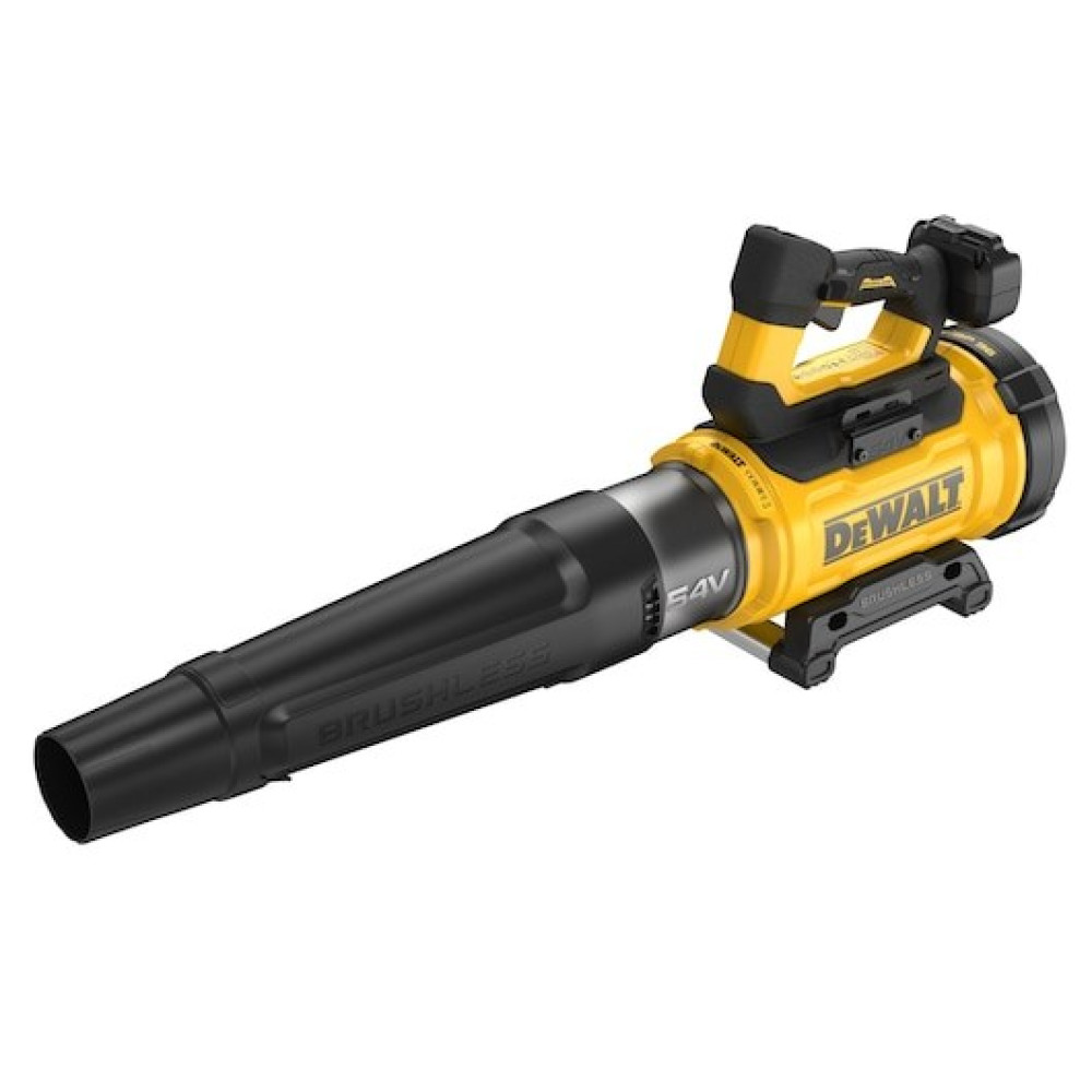 Ein gelber und schwarzer Laubbläser mit der Aufschrift "DEWALT 54V BRUSHLESS".