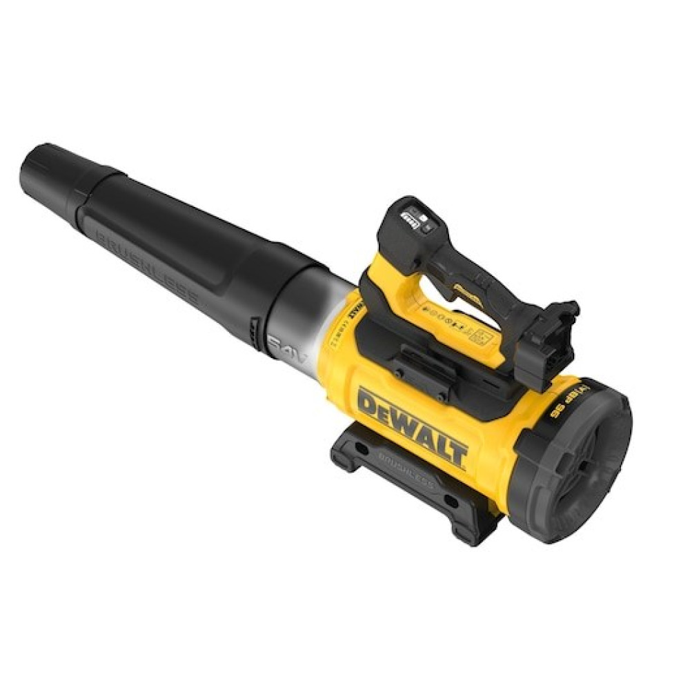 Ein gelber und schwarzer Laubbläser mit DeWalt-Logo, auf weißem Hintergrund.