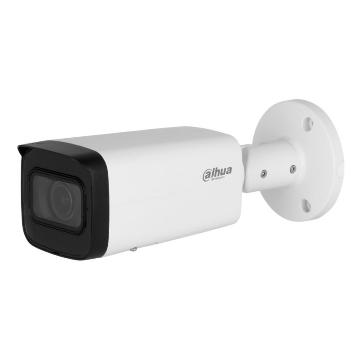 Una cámara de seguridad Dahua blanca con frente negro y soporte de pared.